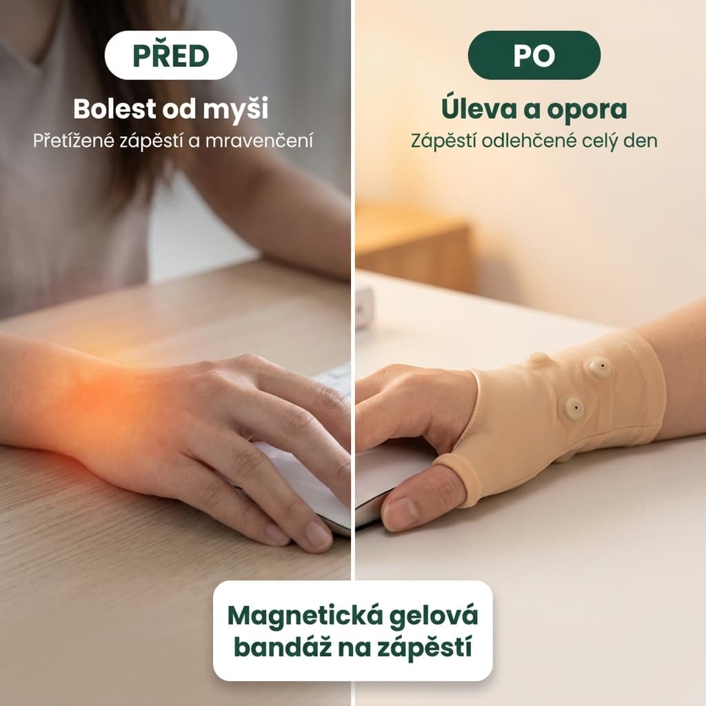 Magnetická gelová bandáž na zápěstí před a po – úleva od bolesti od myši